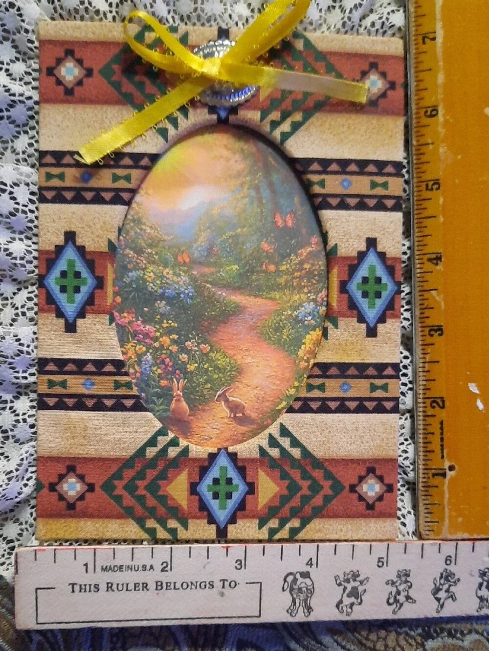 Navajo Handmade  Decorative Picture Frame with Sample  Oval Artwork and Lace